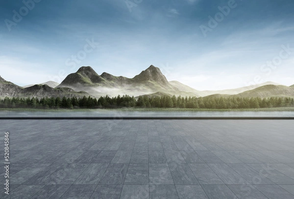 Obraz Empty concrete floor with mountain and blue sky lake view. 3D rendering background for car park.