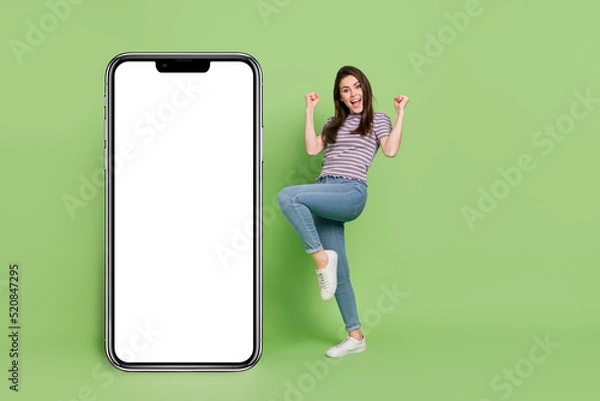 Fototapeta Full length body size view of beautiful cheerful girl dancing having fun ad copy space isolated on bright green color background