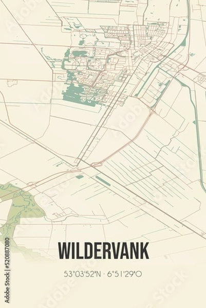 Fototapeta Retro Dutch city map of Wildervank located in Groningen. Vintage street map.
