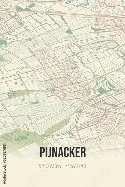 Fototapeta Retro Dutch city map of Pijnacker located in Zuid-Holland. Vintage street map.