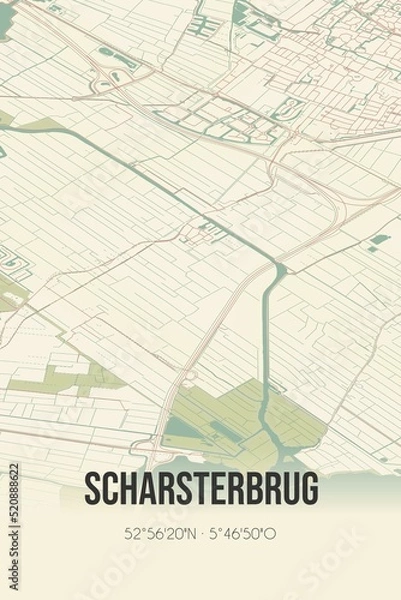 Obraz Retro Dutch city map of Scharsterbrug located in Fryslan. Vintage street map.