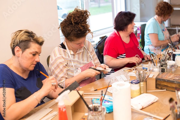 Obraz Women in art workshop making decoupage boxes