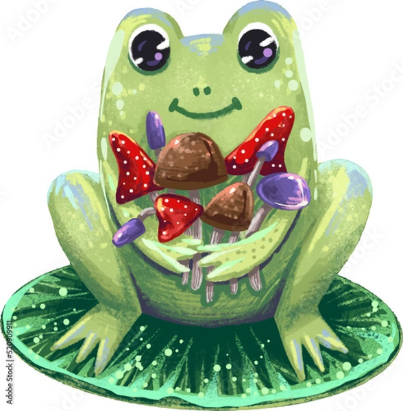 Fototapeta Illustration brand character a small frog with a bouquet of mushrooms