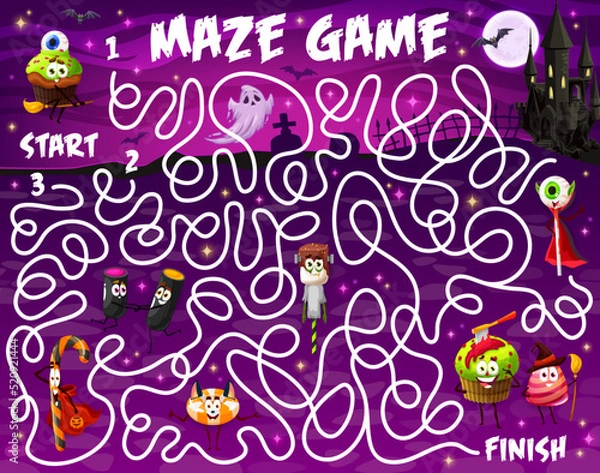 Fototapeta Labyrinth maze game. Cartoon Halloween candy characters vector puzzle with find right way task and start to finish path. Kids education riddle quiz with zombie lollipops, witch and ghost cake