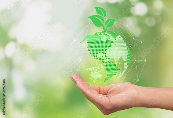 Fototapeta ESG concept. hand for environmental, Sources for renewable, sustainable development. Environment and ecology concept.