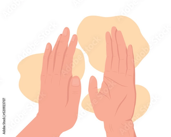Fototapeta High five 2D vector isolated illustration. Up high flat hand gesture on cartoon background. Slap hand. Greetings and congratulation colourful editable scene for mobile, website, presentation