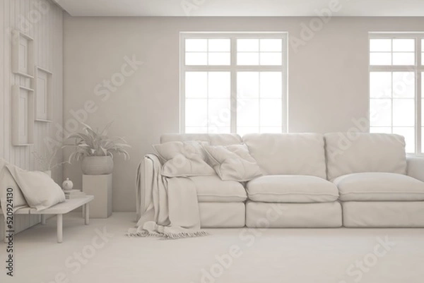 Fototapeta White minimalist living room with sofa. Scandinavian interior design. 3D illustration