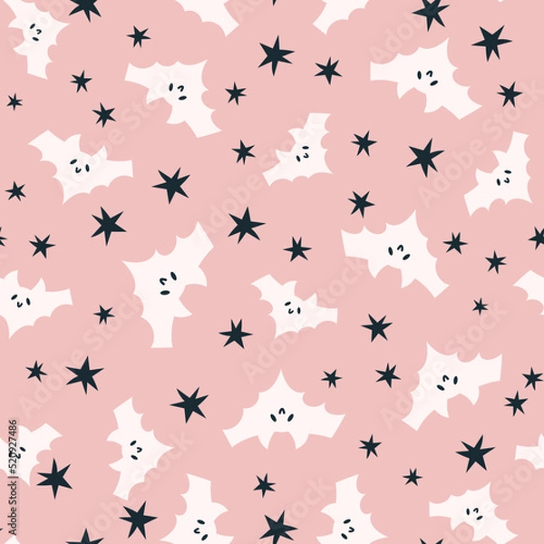 Fototapeta Happy Halloween cute vector seamless pattern with cartoon bat, stars. Creative childish texture in scandinavian style. Great for fabric, textile Vector Illustration.