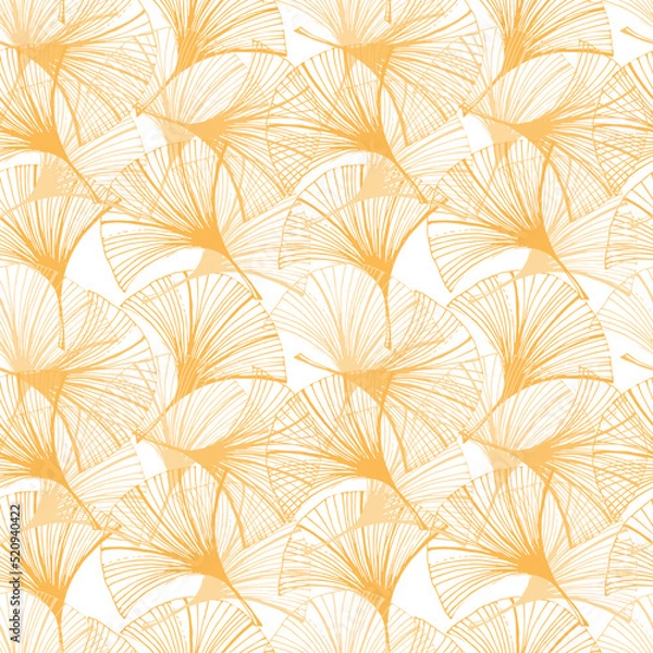 Fototapeta A seamless hand-drawn ginkgo leaf pattern in sketch style. Orange leaves at different angles on a white background. Leaf shape in the form of a duck's foot. Mystic lace background.