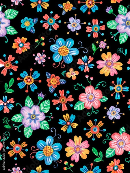 Fototapeta Seamless pattern of flowers. Funny folk style. Drawing in watercolor and gouache. Yellow, pink, purple, red, blue and green gamma. Isolated image on a black background.
