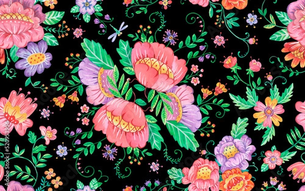 Fototapeta Seamless pattern in folk style. Isolated image on a black  background. Drawing in watercolor and gouache.