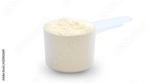 Fototapeta A scoop of whey protein powder on a white background.