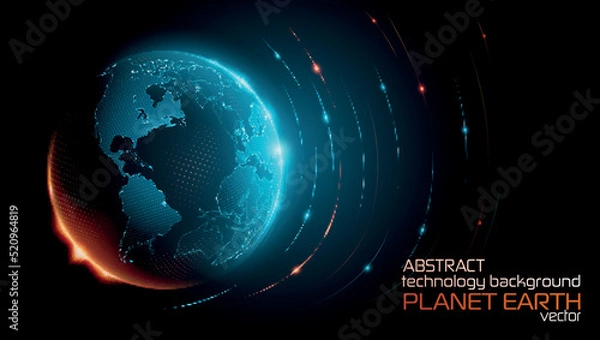 Fototapeta Blue abstract futuristic background. Tech vector. Sunrise. Satellites and rockets in orbit of planet Earth. Plasma clot of energy. Glowing rays with flickering particles. Science and technology.