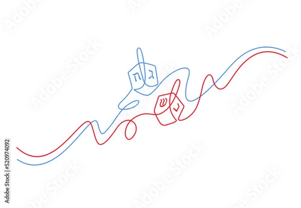 Obraz Hanukkah dreidel.  Continuous line art drawing vector illustration. Wooden dreidels (sevivon, spinning top)