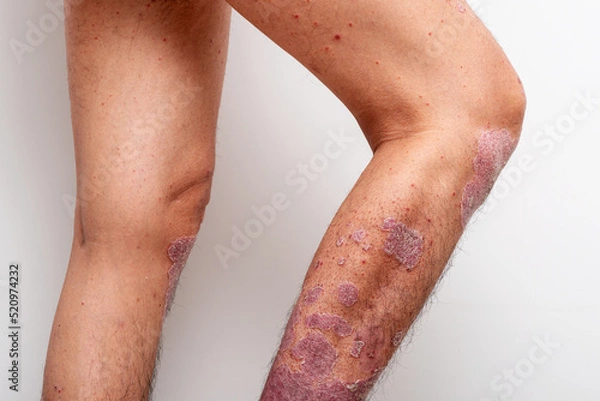 Fototapeta Psoriasis is that knee on white background.