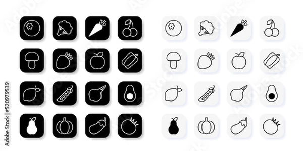 Fototapeta A set of linear healthy food icons. Two icon set options. Vector illustration isolated on a white background.