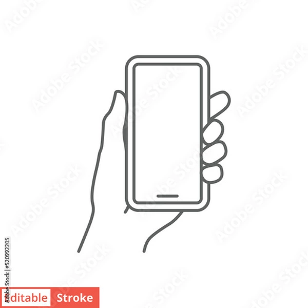 Fototapeta Hand holding smartphone icon. Simple outline style. Hold mobile phone with white screen. Thin line vector illustration isolated on white background. Editable stroke EPS 10.