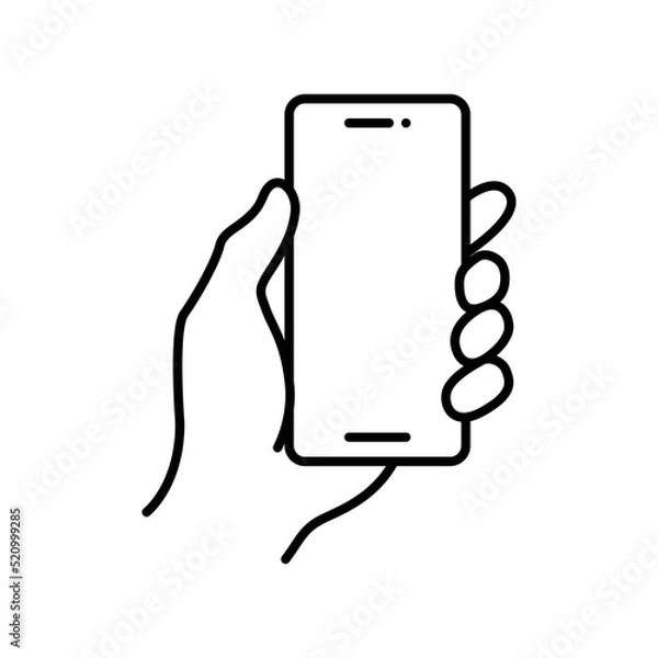 Fototapeta Hand holding smartphone icon. Simple outline style. Hold mobile phone with white screen. Thin line vector illustration isolated on white background. EPS 10.