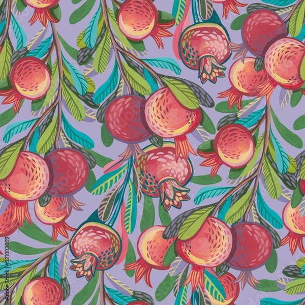 Obraz Seamless pattern with stylized decorative branches with hand-drawn gouache pomegranates.
