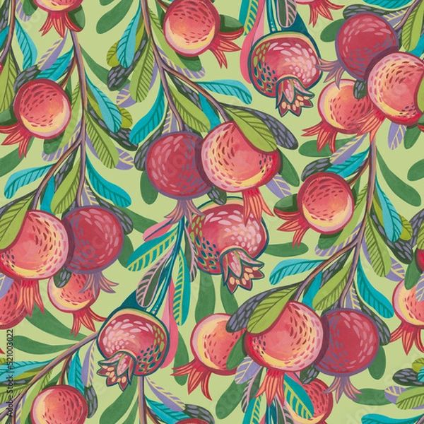 Obraz Seamless pattern with stylized decorative branches with hand-drawn gouache pomegranates.