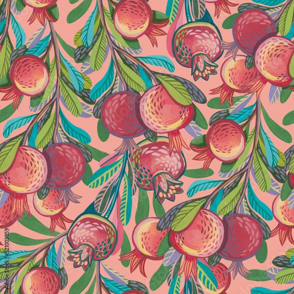 Obraz Seamless pattern with stylized decorative branches with hand-drawn gouache pomegranates.