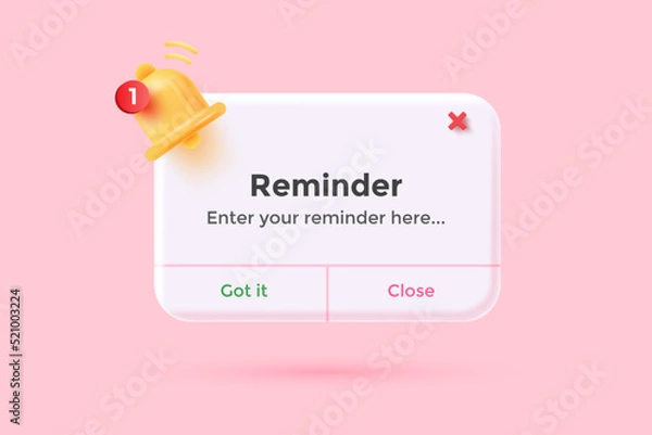 Fototapeta Reminder 3D Illustration, Notifications page with floating elements. Business planning ,events, reminder and timetable with 3d rendering. Vector Illustration.
