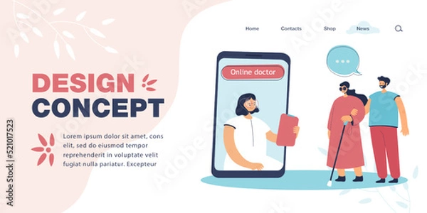 Fototapeta Woman with blindness and doctor on phone screen. Son helping mother in dark glasses, having online consultation with therapist flat vector illustration. Healthcare concept for banner, website design
