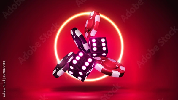 Obraz Red banner with purple neon 3D dice with red and black realistic gambling stack of casino chips in red scene with orange neon ring on background.