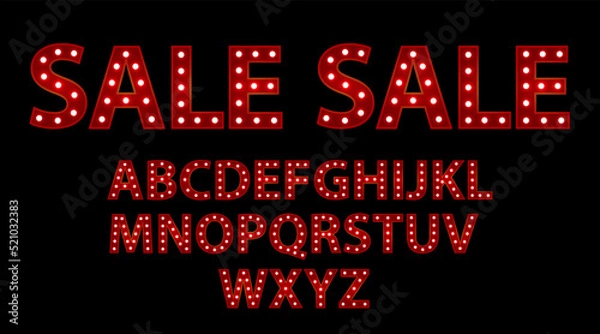 Fototapeta Sale sale. Red letters with luminous glowing lightbulbs. Vector typography words design. Template type font for poster.