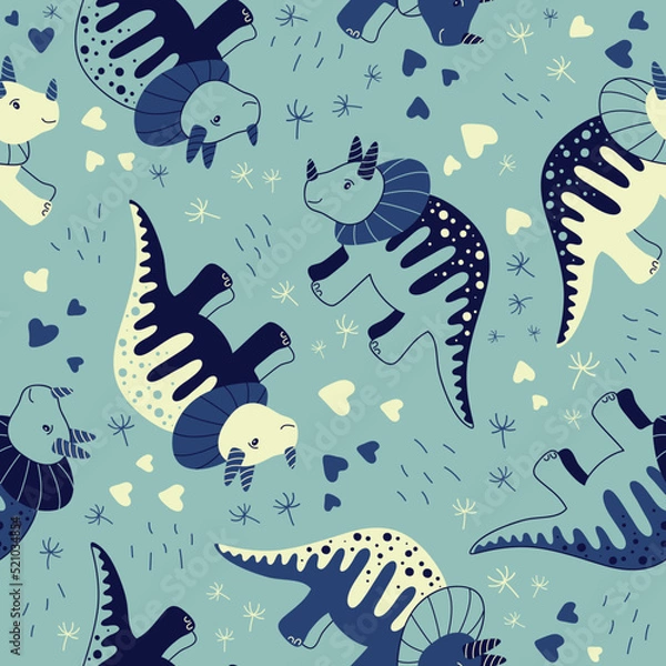 Fototapeta Different dinosaurs set of patterns. Seamless patterns. Vector Background for fabric, textile, posters, gift wrapping paper. Print for kids, baby, children