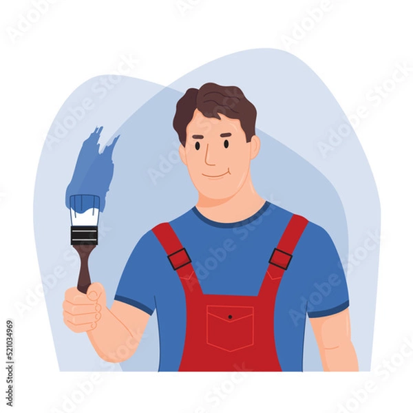 Obraz Wall protection. Man paints the walls. Repair service, painter. Vector illustration, concept, template in flat style.