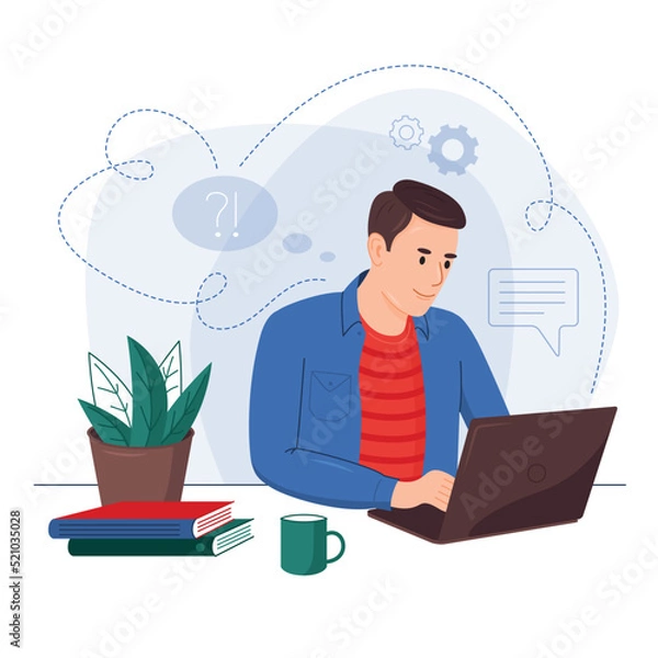Fototapeta Online remote work concept,  illustration. Man sitting at a computer, laptop. Online training, conference, webinar, courses, lessons, master classes, training video, work, online sales

