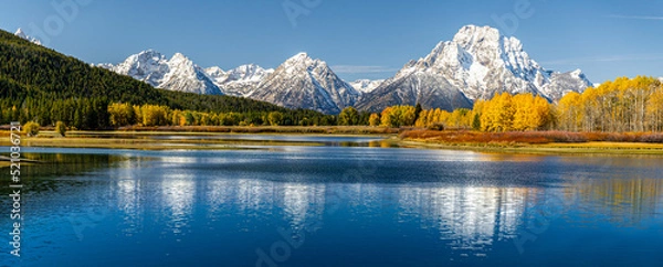 Obraz Panoramic view of Mount Moran from Oxbond bend of Grand Teton.