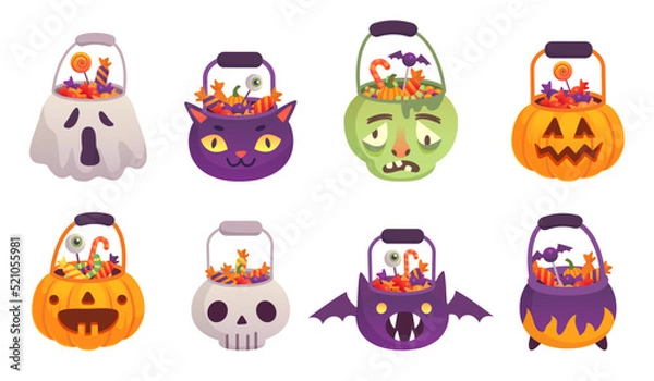 Fototapeta Halloween buckets. Candies in pumpkin basket, trick or treating bag for celebration tasty sweets jack o lantern bucket cartoon evil pumpkins container ingenious vector illustration