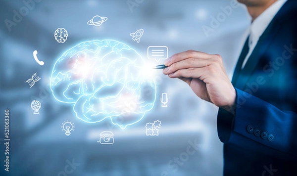 Fototapeta Businessman touch brain with cloud and people icon in the dark background in graph Screen Icon of a media screen, Technology Process System Business concept