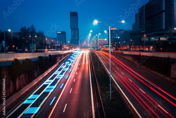 Fototapeta Katowice, Poland - 13 November 2021: Panorama of the city of Katowice seen from the bridge. The expressway in the foreground. New office buildings in the background