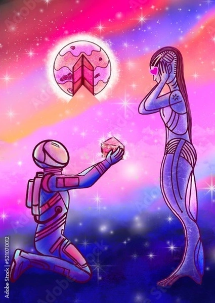 Obraz Astronaut in love visits her alien girlfriend in space and brings her a piece of her favorite cake from a distant planet, surreal style, pink, purple.