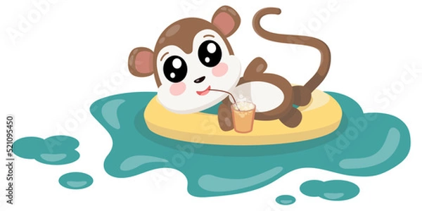 Fototapeta Monkey resting in pool with drink cartoon illustration
