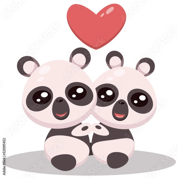 Fototapeta Two pandas cuddle cartoon illustration for valentines day with red heart