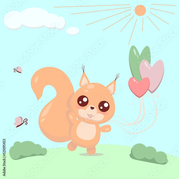 Fototapeta Squirrel in fores with balloons and butterfly in sunny day cartoon illustration