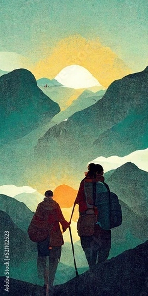 Fototapeta Couple hiking with backpack, traveller or explorer standing on top of mountain or cliff and looking on valley. Concept of discovery, exploration travel and adventure tourism