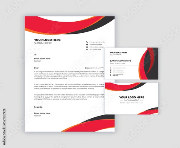 Obraz Red stationery template design with geometric pattern. Set of business corporate identity mock up. Documentation for business.