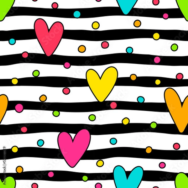 Fototapeta Bright multicolored hearts and small circles on a striped black and white background. Vector seamless pattern.