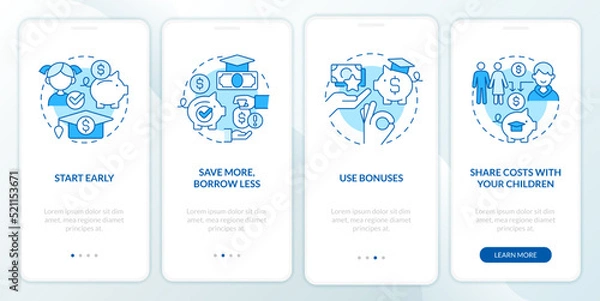 Fototapeta Tips for saving for college blue onboarding mobile app screen. Walkthrough 4 steps editable graphic instructions with linear concepts. UI, UX, GUI template. Myriad Pro-Bold, Regular fonts used