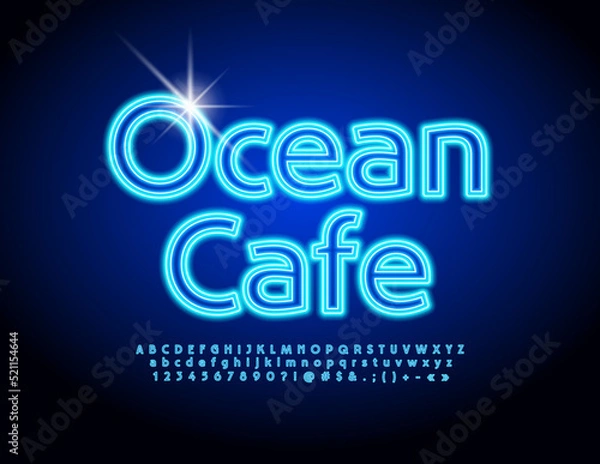 Fototapeta Vector bright sign Ocean Cafe with illuminated Led Font. Blue neon set of Alphabet Letters, Numbers and Symbols