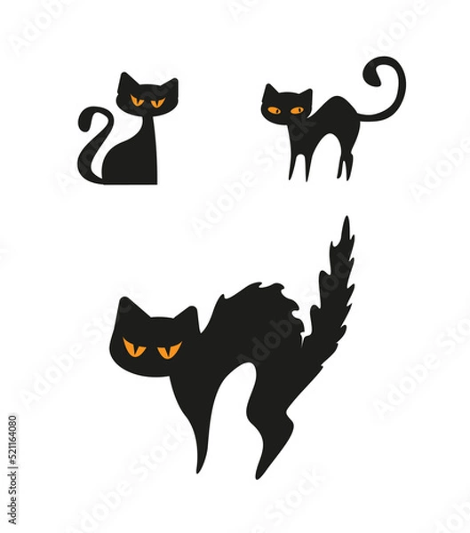 Obraz Set of black vector cats with yellow eyes on the white background