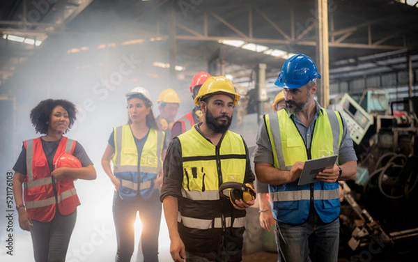 Obraz group of diversity teamwork, engineers, technician and workers team in safety uniform workwear having discussion while walking through machinery and smoke in heavy industry manufacturing factory.