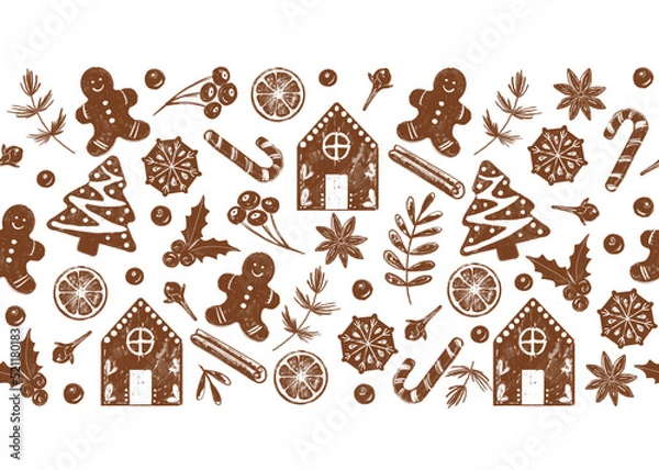 Obraz Seamless banner with christmas gingerbread, berries, cinnamon, holly, orange and cloves. Decoration with holiday festive elements. Template for web, packaging and greeting card.