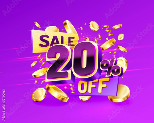 Fototapeta 20 Off. Discount creative composition. 3d sale symbol with decorative objects, golden confetti, podium and gift box. Sale banner and poster.