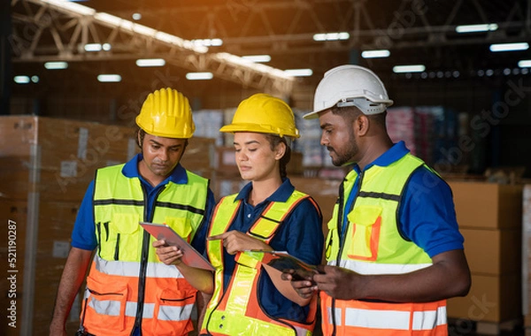 Fototapeta Portrait of warehouse employee worker with digital tablet talking on warehouse, Logistic industry concept.
